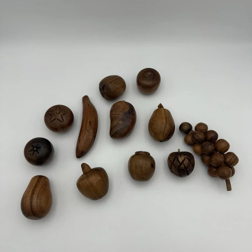 Vtg MCM Monkey Pod Wood Bowl with 12 Pieces of Wooden Fruit Farm Country English